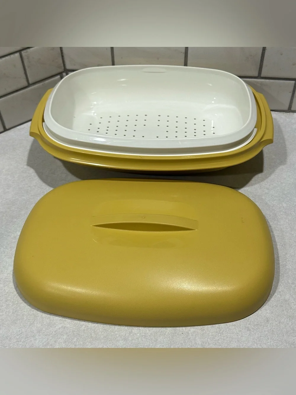 Vintage Tupperware 1273,74,75 Microwave Vegetable Steamer Gold 3 Piece USA